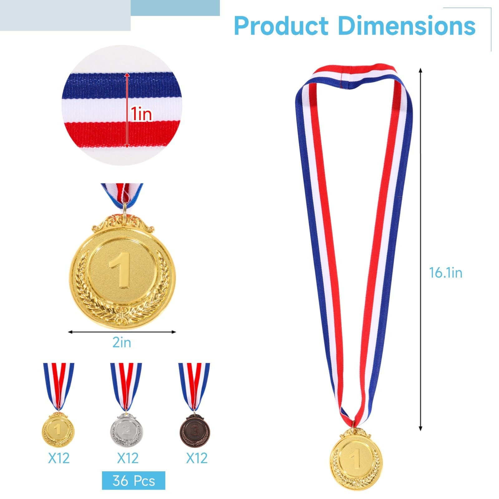 36 Medaillen-Set – 5,1 cm Gold-, Silber- und Bronzemedaillen mit Halsbändern, 1. 2. 3. Platz Auszeichnungen für Wettbewerbe und Veranstaltungen