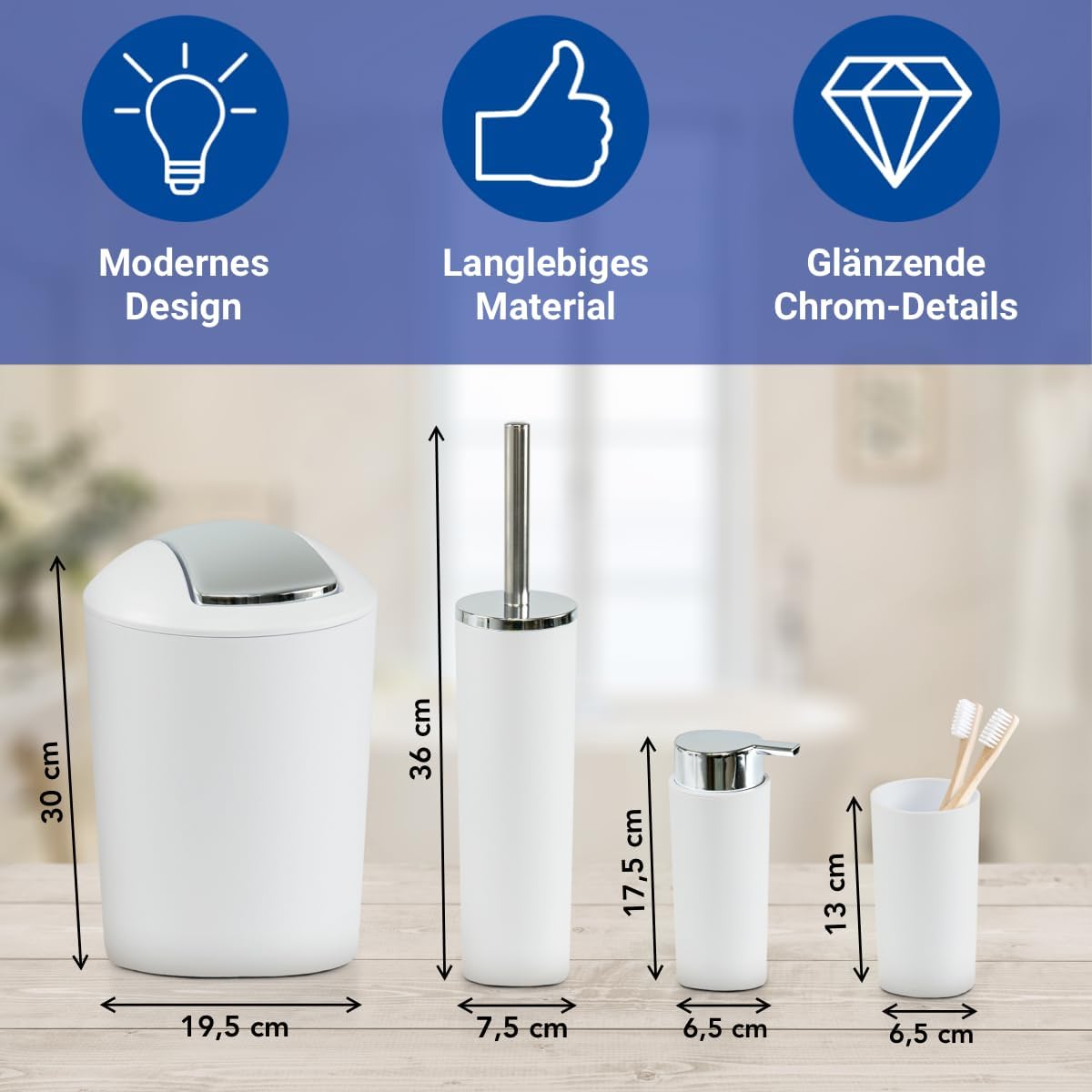WENKO White Bathroom Accessories, 4 Piece Set, Toothbrush Cup, Trash Can, Soap Dispenser, Toilet Brush Holder, Bathroom Sets Complete, Matt, Plastic/Stainless Steel