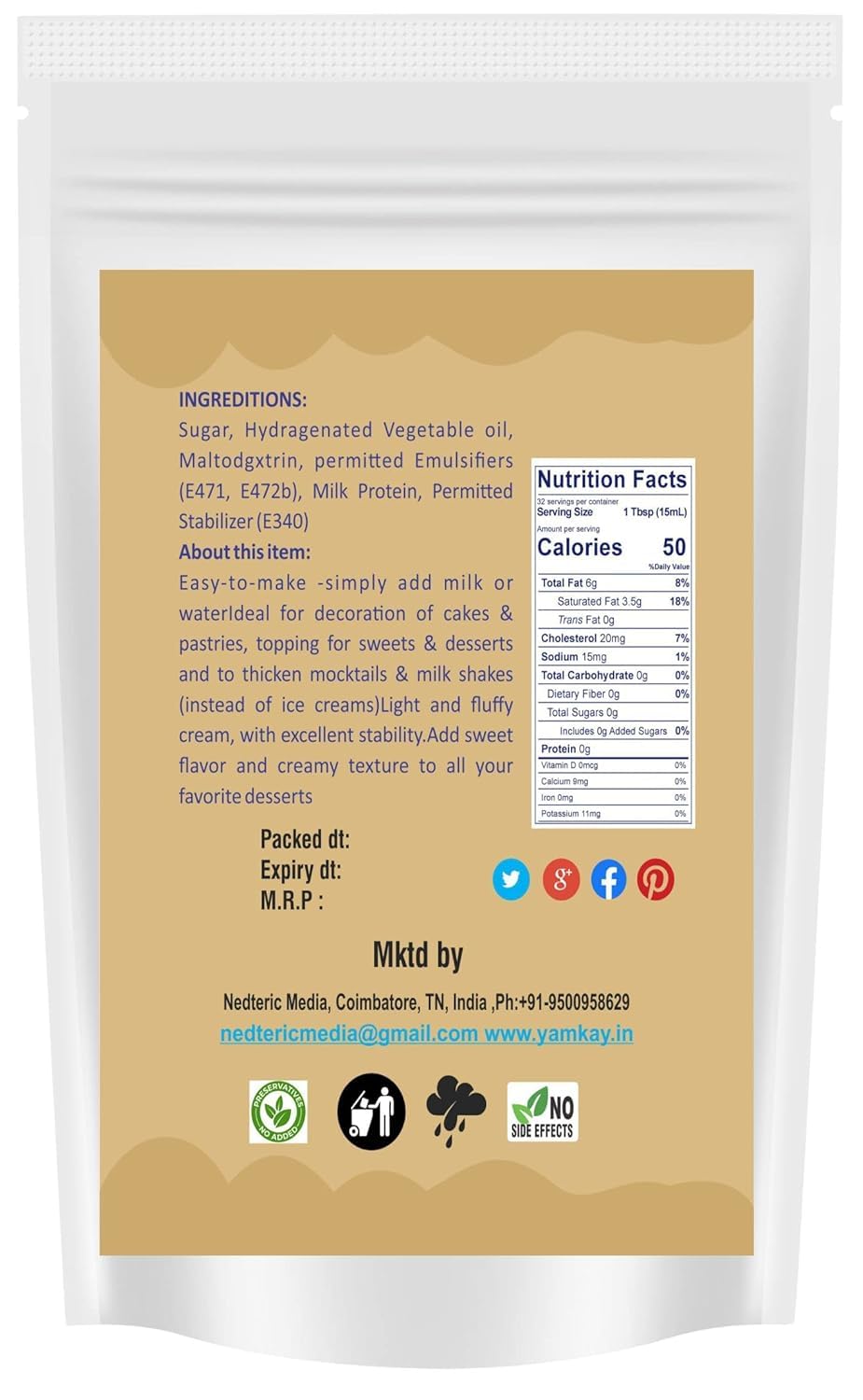 Yamkay Whipped Cream Powder for Cake Cream Stabilizer Powder Premium Whipped Cream Powder for Cake 1500 GM Whipped — view 2