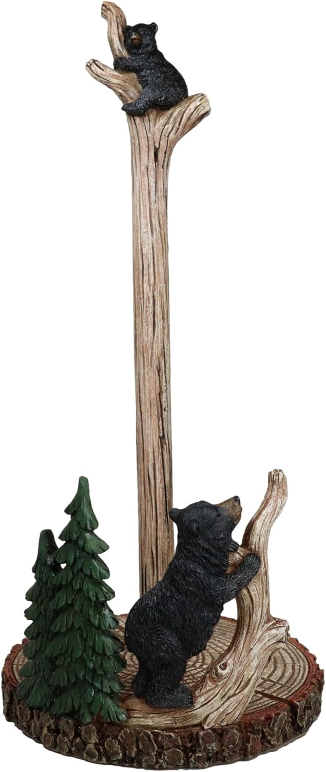 Ebros Gift Rustic Nature Wildlife Woodland Black Bear Cubs Climbing On Tree Branch in Pine Forest Paper Towel Holder Display Dispenser Stand Kitchen Bathroom Home Decor Party Hosting Accent
