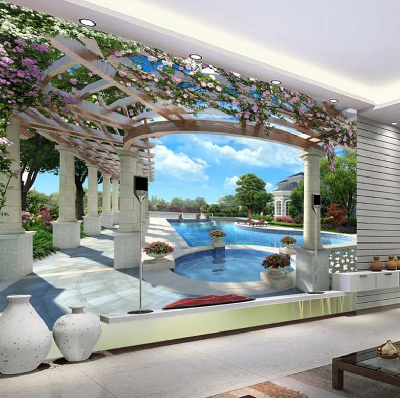 Papier peint villa avec piscine effet 3D trompe-l'œil mural haut de gamme