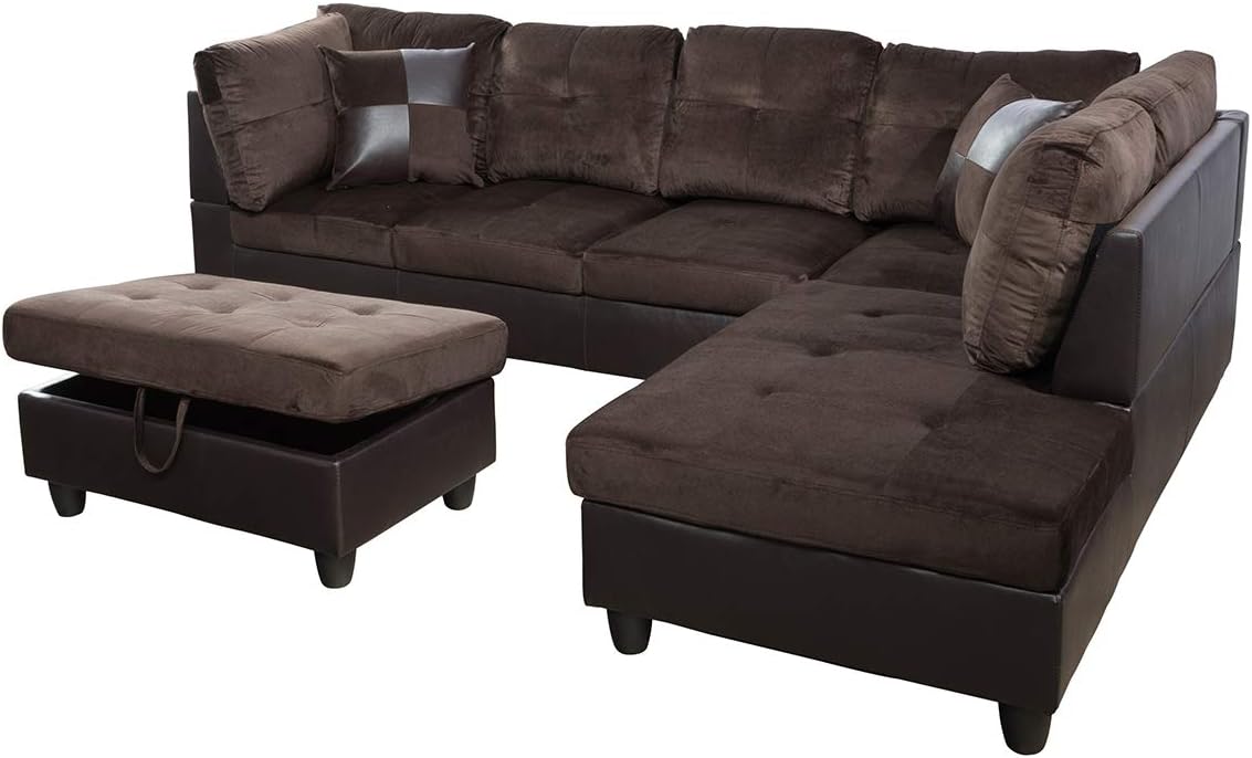 Lifestyle Furniture Left Facing 3PC Sectional Sofa Set, L Shape Couch with Storage Ottoman, Microfiber&Faux Leather,Chocolate : Home & Kitchen