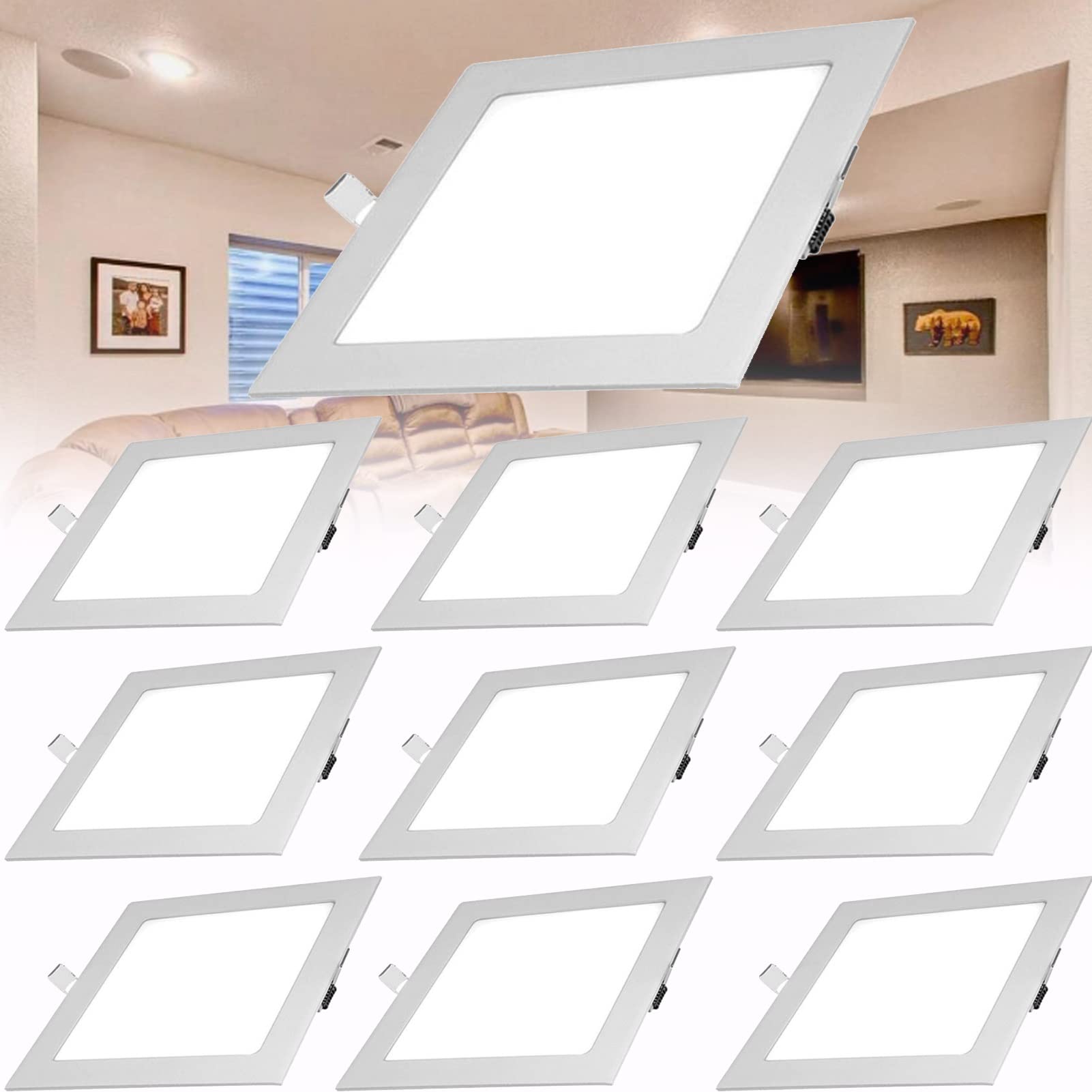 10-pak 4W LED Recessed Downlight z puszką przyłączeniową – Ultra cienka konstrukcja bez puszki, 3 temperatury barwowe, łatwa instalacja – dom, biuro i hotelarstwo(White light,Square)