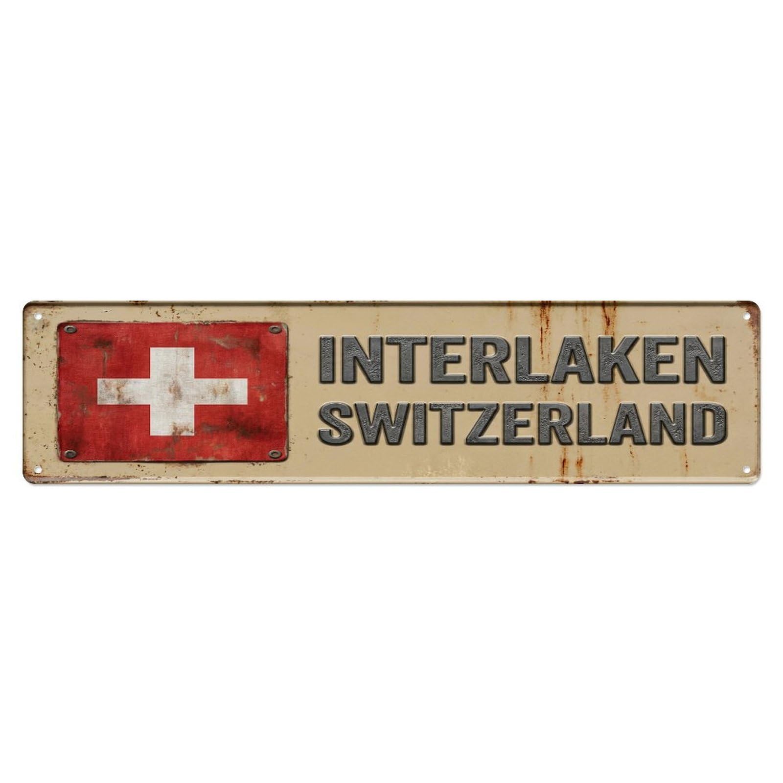 Metal Tin Sign Vintage Interlaken Switzerland Flag Decor Rustic Travel