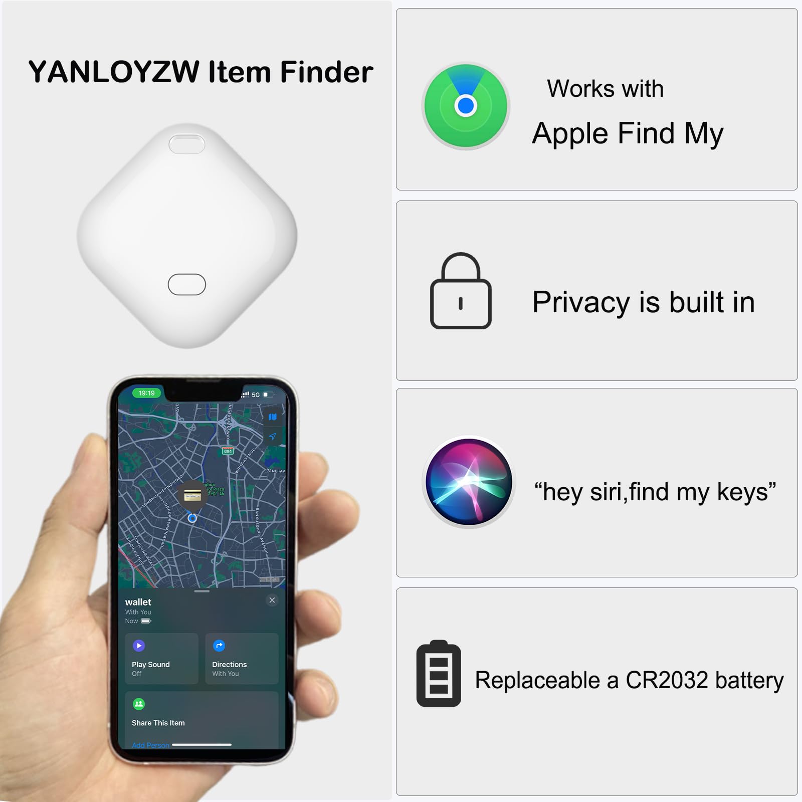 YANLOYZW Key Finder & Tracker, Bluetooth Tracker Work with Apple Find My (iOS Only), Item Tracker Tag for Keys, Bags, Wallets,Replaceable CR2032 Lithium Batteries - 1Pack