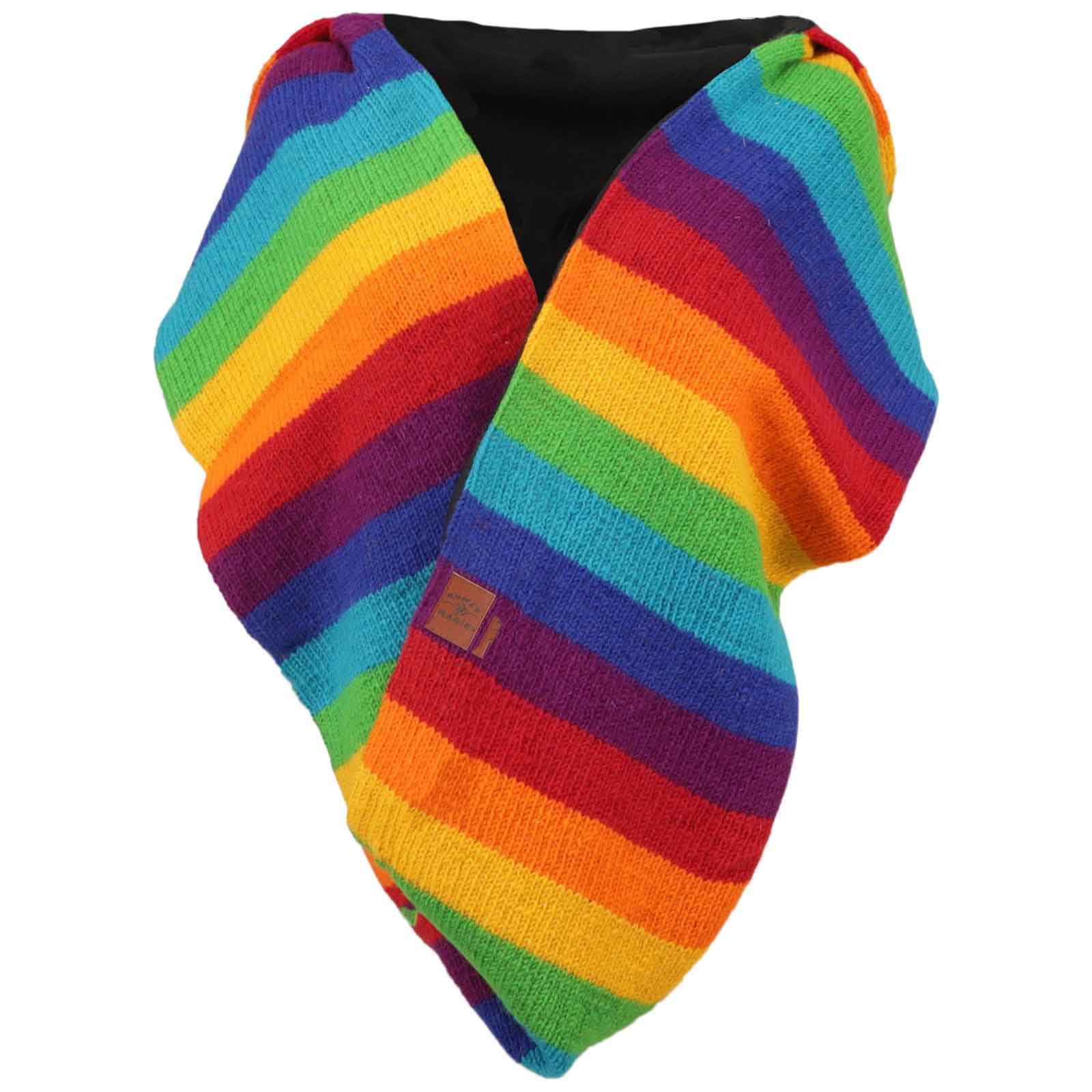 Kunst und Magie Damen Kapuzenschal Loop Schal Hoodie Schalmütze Poncho Regenbogenfarben aus Wolle gestrickt Strick Kapuze