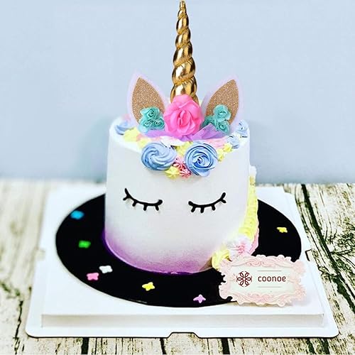 Miniatura 2 de Decoración para tarta de unicornio, hecho a mano, suministros de decoración para tartas con pestañas y pilas, cuerno de oro reutilizable para fiesta