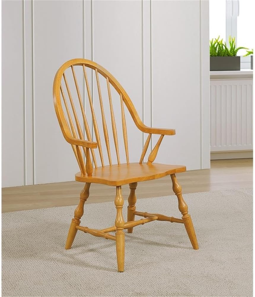 Pemberly Row Contemporary Windsor Dining Chair with Arms, Solid Wood, Oak Finish, 18" Seat Height, Spindle Back, Saddle-Shaped Seat, Sturdy Construction for Kitchen, Dining Room, or Living Room Use