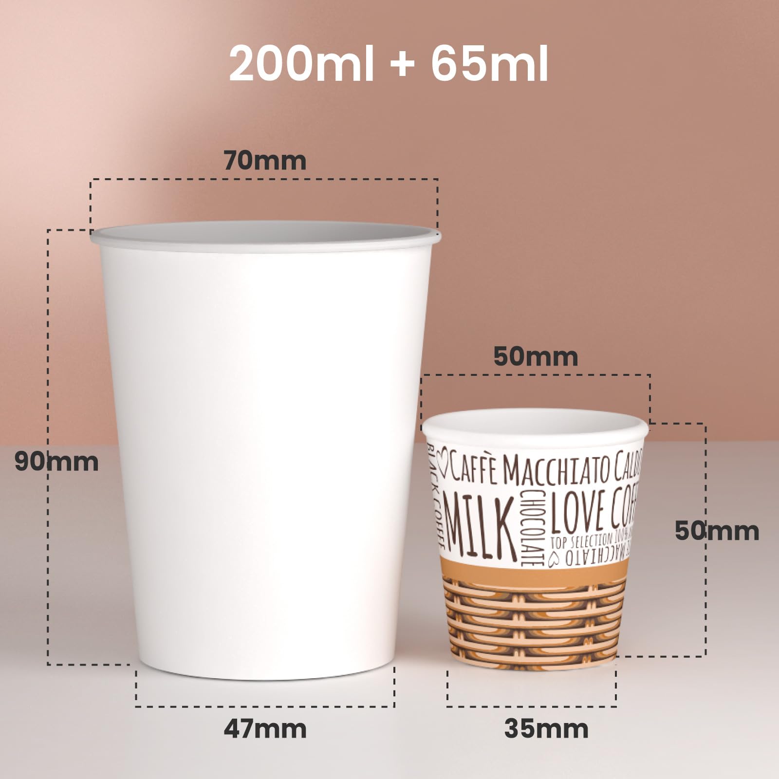 Eurocali Kit 1000 Bicchierini in Carta Fantasia SweetCUP 65ml per Caffè + 1000 Bicchieri in Carta Bianchi 200ml da Asporto Bevande Calde e Fredde Sweet Mix Ecologici Biodegradabili Monouso