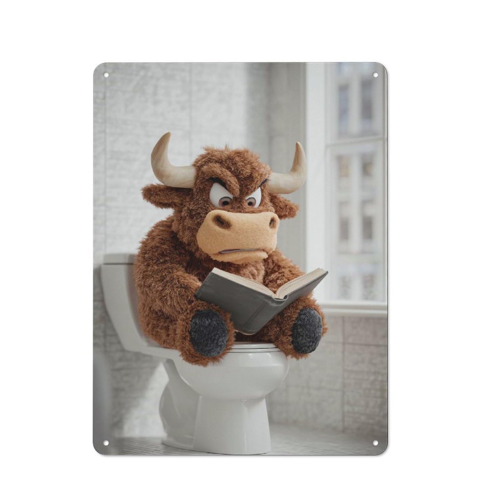 Junmoney Style-12 Workshop Style Garage Metal Sign 40X30cm Featuring Furry Bull Reading On Toilet, Industrial Wall Art For Garage, Hobby Room, Office Or Man Cave