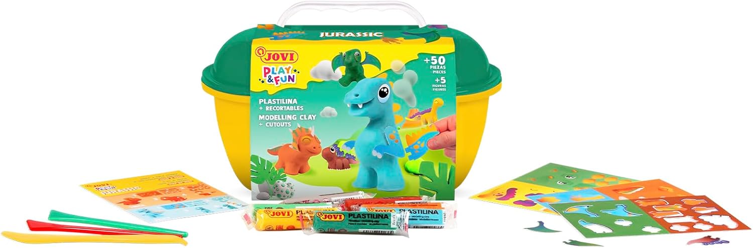 Jovi - Play&Fun Jurassic, Character Clay kit for Children, Includes Cutouts, 24 Non-Drying Clay Sticks and Tools to Create Dinosaurs, DIY Art for Kids