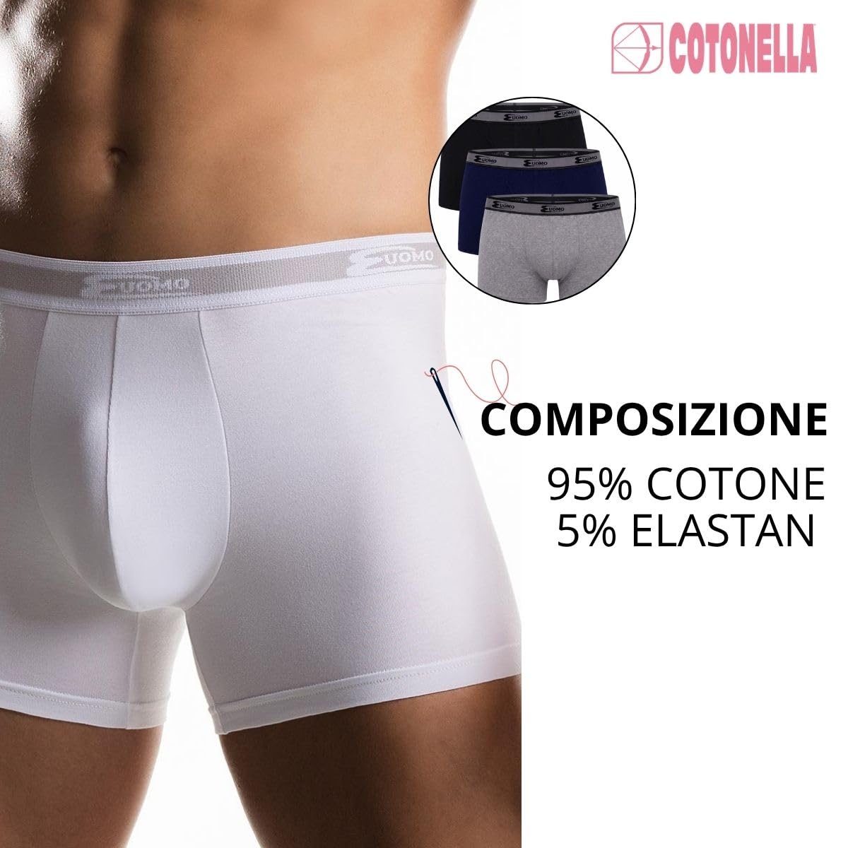 Cotonella, (Pacco da 6 Boxer Uomo in Cotone Bielastico, Elastico Esterno, Tinta unta, Essentials Intimo Uomo
