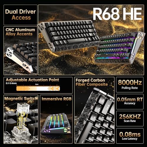 ATTACK SHARK R68 HE&R11 Ultra Carbon Fiber Gaming Keyboard and Mouse Combo,8KHz Rapid Trigger Wired Keyboard,0.005mm RT Accuracy,Immersive RGB+49g 8000HZ Wireless Mouse PAW3950MAX,42K DPI,Coiled Cable