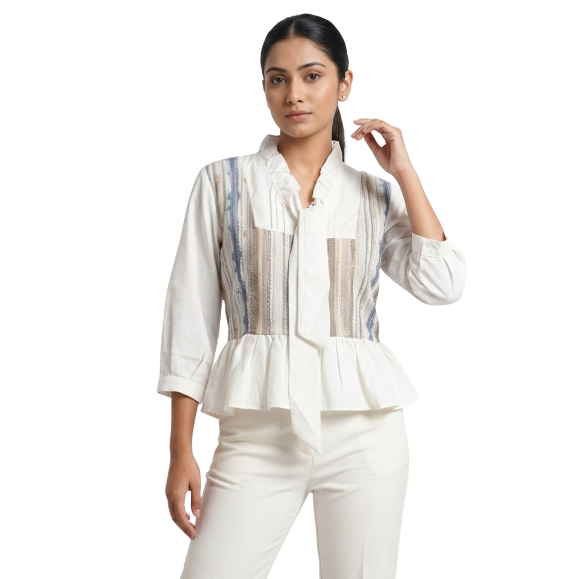 Buy Women Stylish Peplum Top with Tie-Up Neck & Ruffle Collar | 3