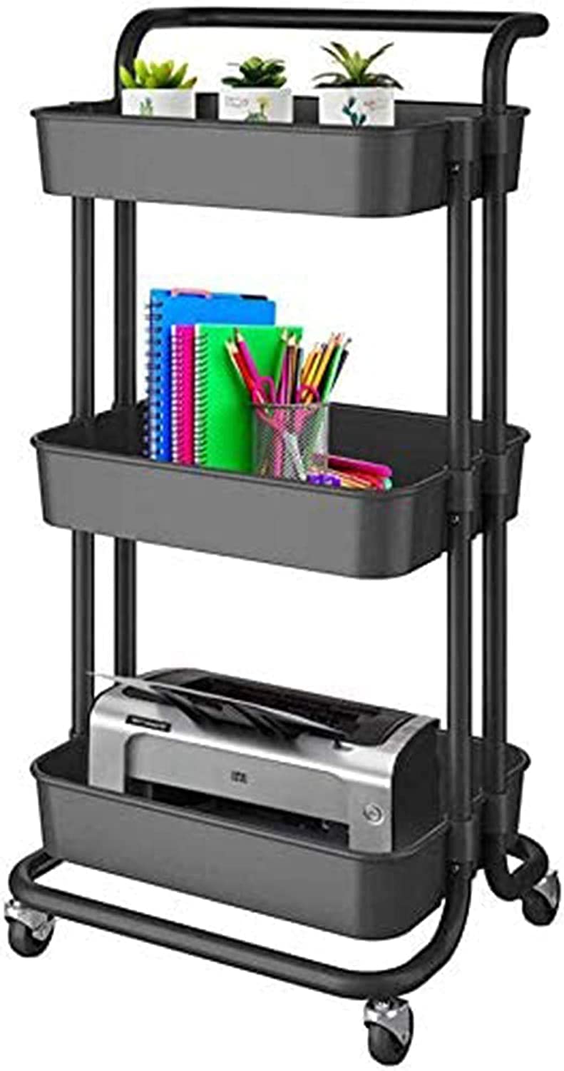 3-Tier Rolling Utility Cart, Multifunctional Metal Frame Storage Cart with 2 Lockable Wheels for Office, Home, Kitchen, Bedroom, Bathroom, Laundry Room (black)