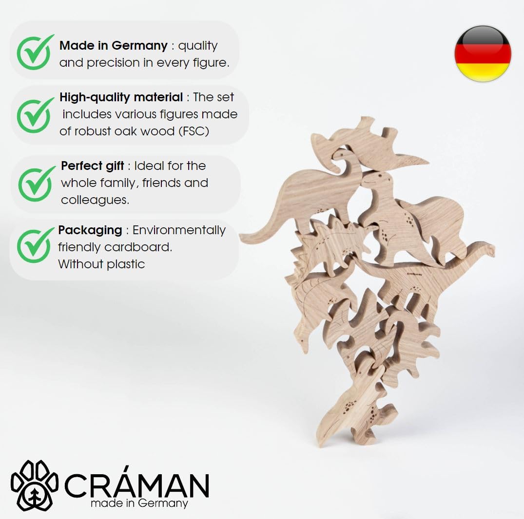Stacking Game Made of Oak Wood Dinosaurs, Made in Germany, Pile Game