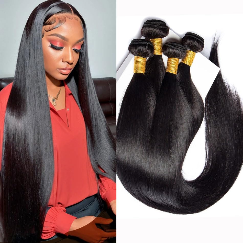 Beauhair Straight Human Hair Bundles 100% Unprocessed Brazilian Straight Virgin Human Hair 4 Bundles Human Hair Extensions Natural Black Color(16 16