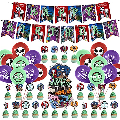 50 Pcs Nightmare Before Christmas Inspired Party Decorations, Horrible Movie Theme Party Supplies, Happy Birthday Banner Movie Jack Sally Halloween Christmas Birthday Favors Party Décor
