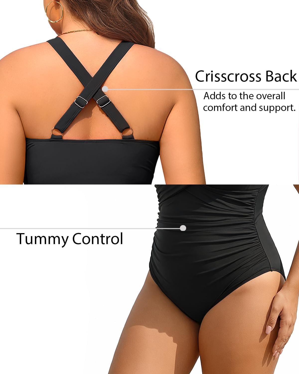 Daci Plus Size One Piece Swimsuit - Tummy Control Bathing Suit for Women V Neck Retro Twist Front Full Coverage Swimwear