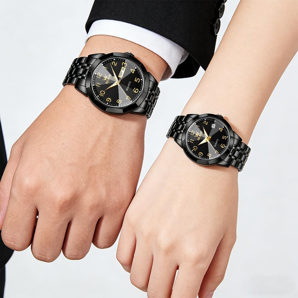 OLEVS Valentines Couple Pair Quartz Watches Luminous Calendar Date Business Dress Luxury His and Hers Wristwatch Waterproof Casual Stainless Steel Lovers Wedding Romantic Watches - Image 2