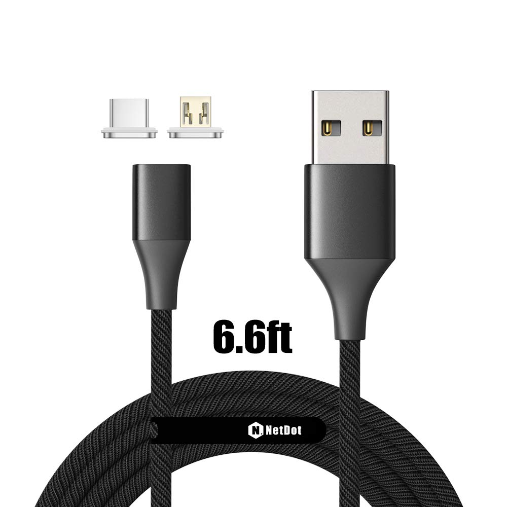 NetDotN. Magnetic Charging Cable, Gen10 Nylon Braided 2-in-1 Magnetic Phone Charger Compatible with USB-C and Micro-USB Devices (6.6ft/1 Pack Black)