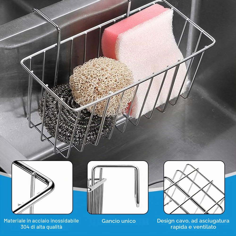 ADERTOS Porta Spugne da Cucina In Acciaio Inox 304, Portaspugne per Lavello Cucina da Appendere, Organizer per Lavello Cucina per Spugne, Spazzole, 7,67 * 3,54 * 4,53 Pollici