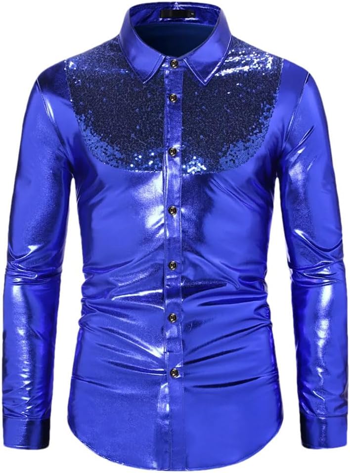 Men's Lapel Sequined Patchwork Long Sleeve Solid Shirt Vintage Casual Party Dance Shirts