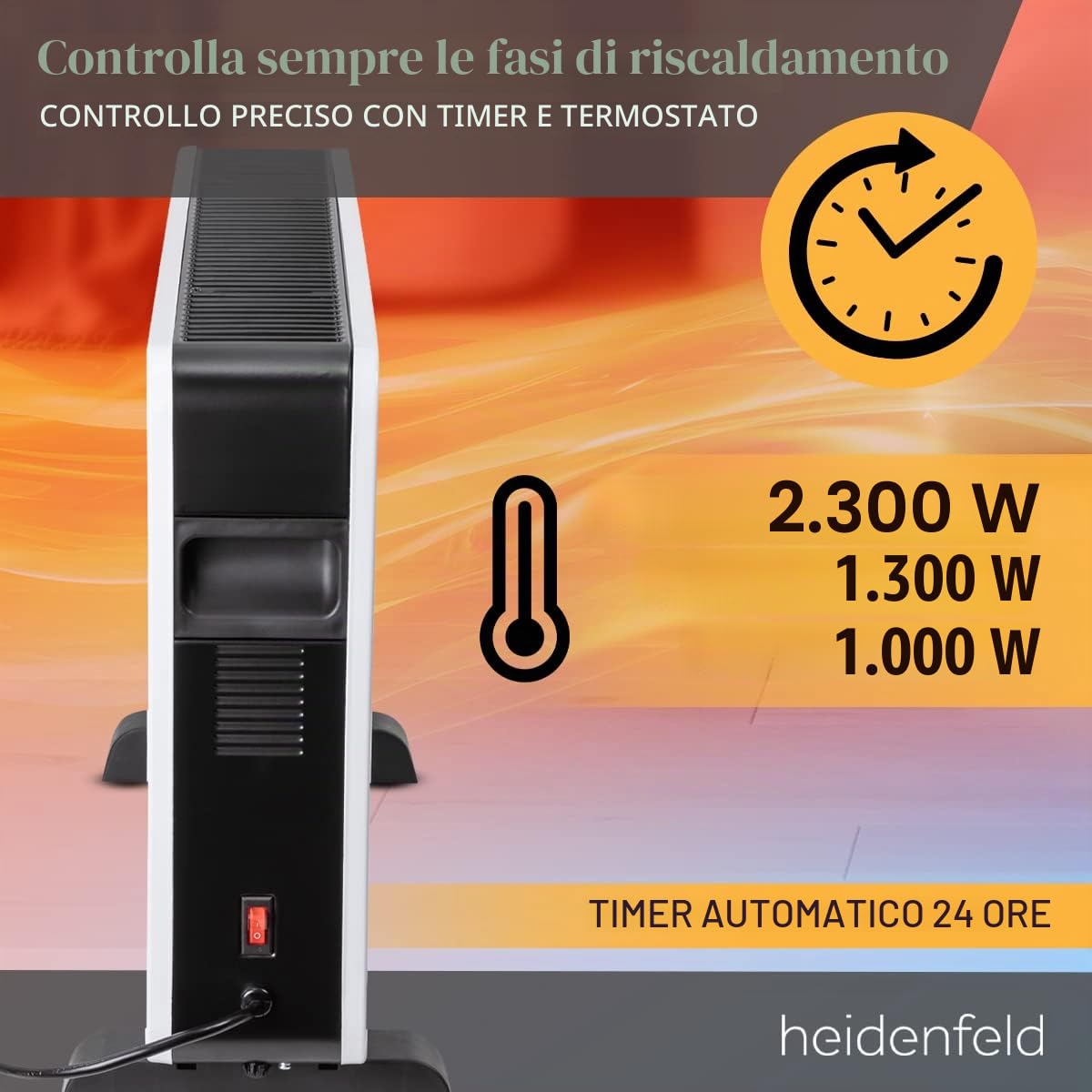 Heidenfeld Riscaldatore Elettrico a Convezione EK100 | 2300 Watt - Telecomando - Timer - Display LCD - Radiatore - Stufa Elettrica - Riscaldamento Elettrico