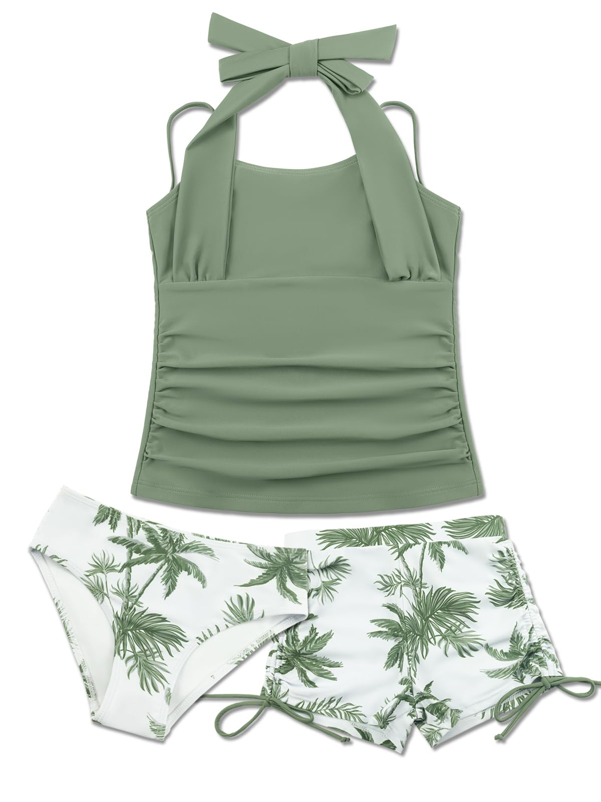 SHEKINI Mädchen 3 Stück Halter Badeanzug hohe Taille Tankini Set mit Boyshort