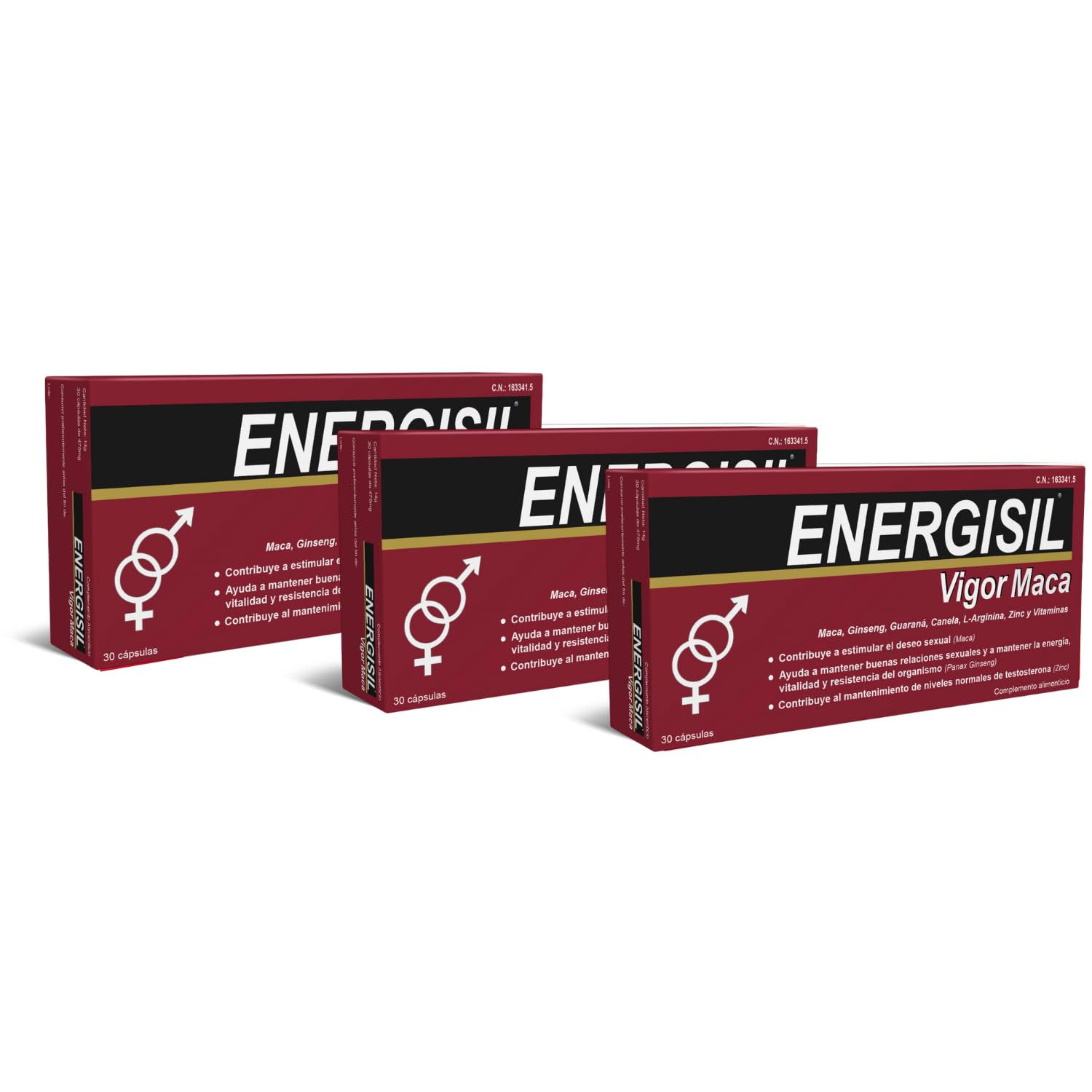 Energisil Vigor Maca 30 Cápsulas - Pack de 3 Unidades - Contribuye a Estimular el Deseo Sexual y a Mantener los Niveles de Testosterona - con Maca, Ginseng, Canela, L- Arginina, Zinc y Vitaminas