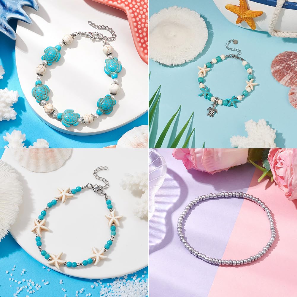 SUNNYCLUE Juego de 7 pulsera de Tortuga Marina con Turquesas para Mujer, Estilo Océano, Verano, Hawái, Concha de Cauri, Cuentas de Cristal Turquesa, Estilo Tibetano, Playa, Multihebra, Joyería de la A