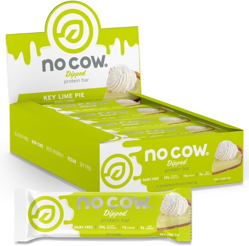 No Cow Key Lime Pie Vegan Protein Bars, 12 Pack | 20g High Plant-Based Protein, High Fiber, Low Sugar, Gluten-Free, Dairy-Free, Soy-Free, Keto-Friendly Snack Bars