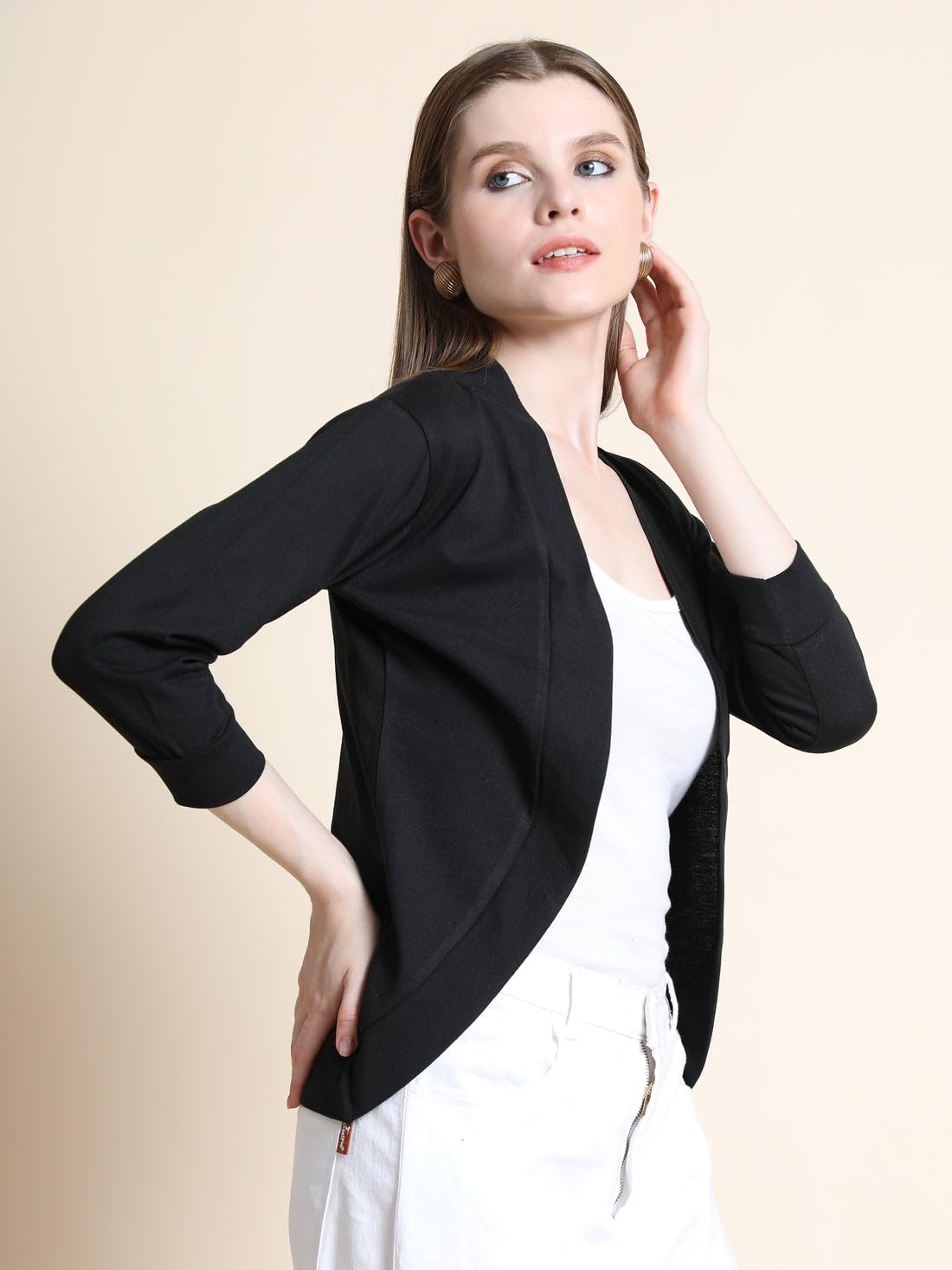 Teemoods Black Cotton Shrug for Women: 3/4 Sleeves, Open Front, V Neck - Versatile Fashionable Cardigan, Lightweight Summer Layer, Plus 1