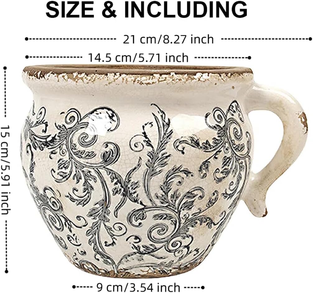 Vintage Plant Pot Rustic Planter for Indoor Plants, Distressed Plant Pot Container with Drainage Hole, Ice Crack Flower Pot Scroll Tuscan Planter Decoration Home Gardening Gift (Grey, 8.3"x5.9")