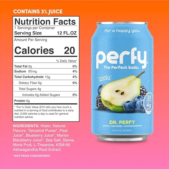 PERFY Nootropic Calm Soft Soda Drink Variety Pack | 4 Flavors: Dr. Perfy, Blood Orange Yuzu, Tropical Citrus, Fruit Punch (12oz Cans) | L-Theanine + Turmeric | Low Sugar, Stevia & Monk Fruit | Keto Friendly | (12-Pack, 144 fl oz)