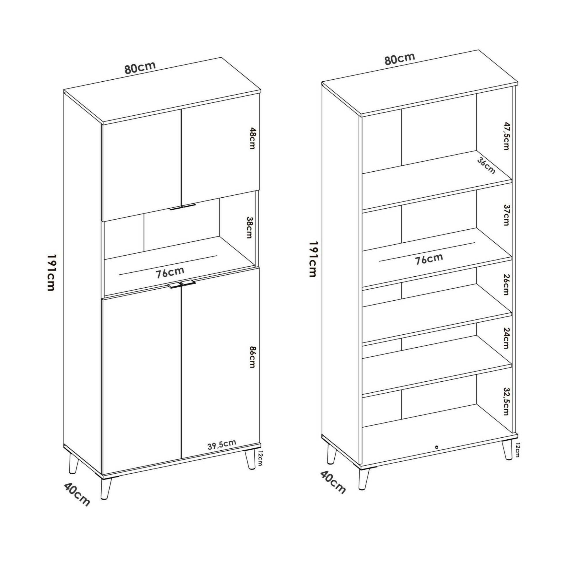 Dmora - Buffet Spino, Buffet Garde-Manger de Salon, Buffet de Salon Moderne avec 4 Portes, 80x40h191 cm, Blanc et Chêne