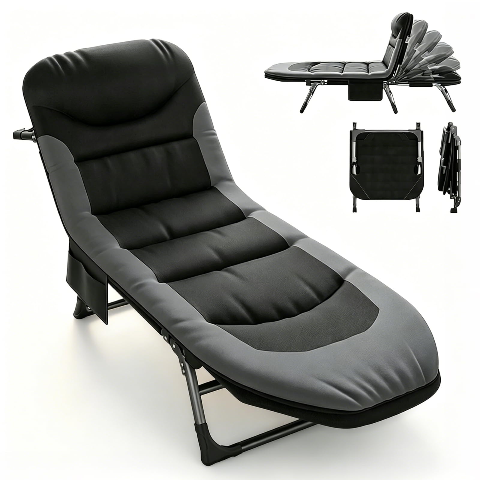 Campingliege Faltbar Leicht, Feldbett mit Matratze, Camping Bett 5-Fach Verstellbar, mit Kopfkissen, Angelliege, Camping Liege für Indoor, Outdoor, Strand und Garten