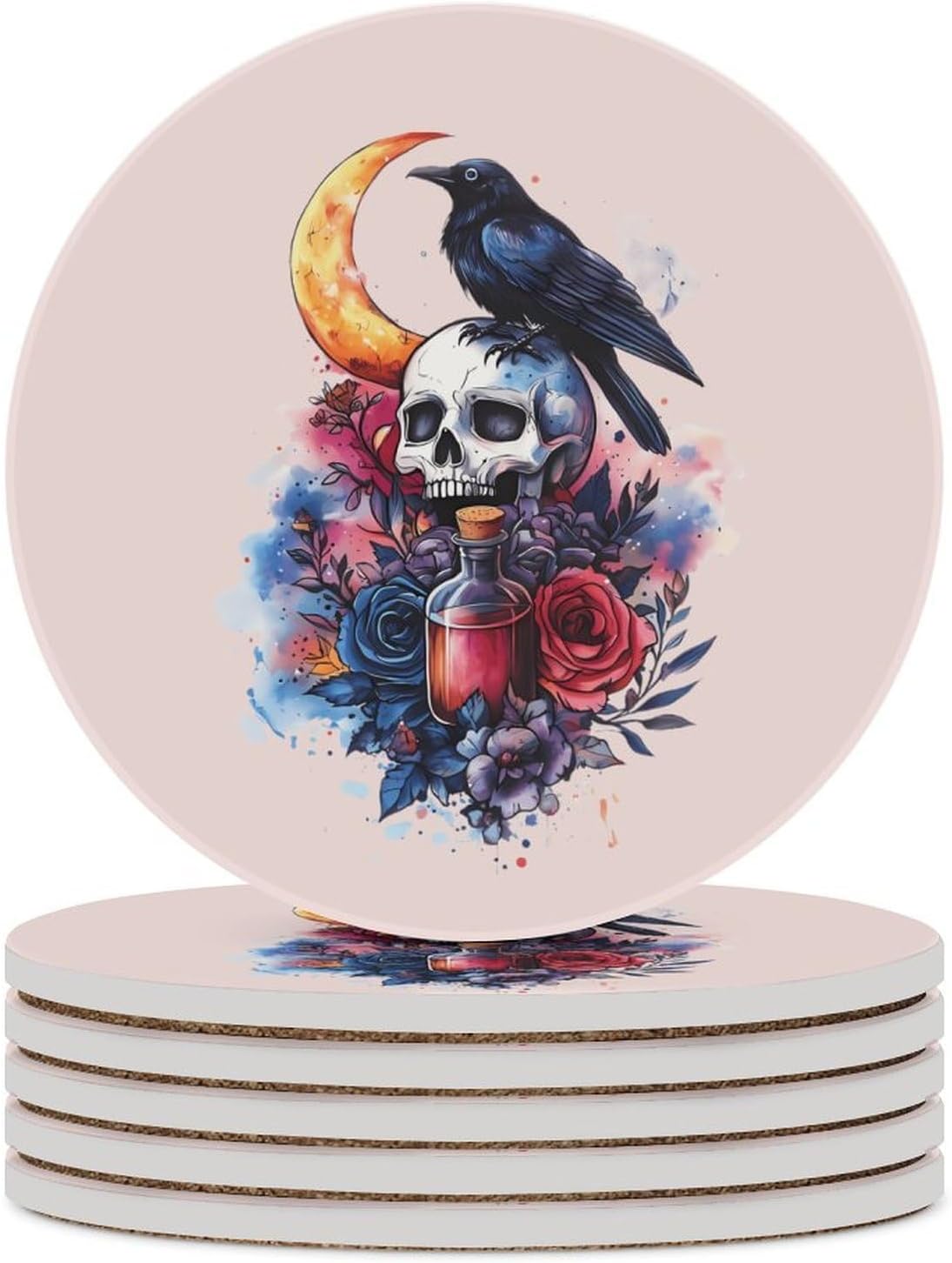 Raven Moon Rose Skull Round Ceramic Coasters Print Drinks Absorbent with Cork Base for Home Decor Gifts 4 Inch
