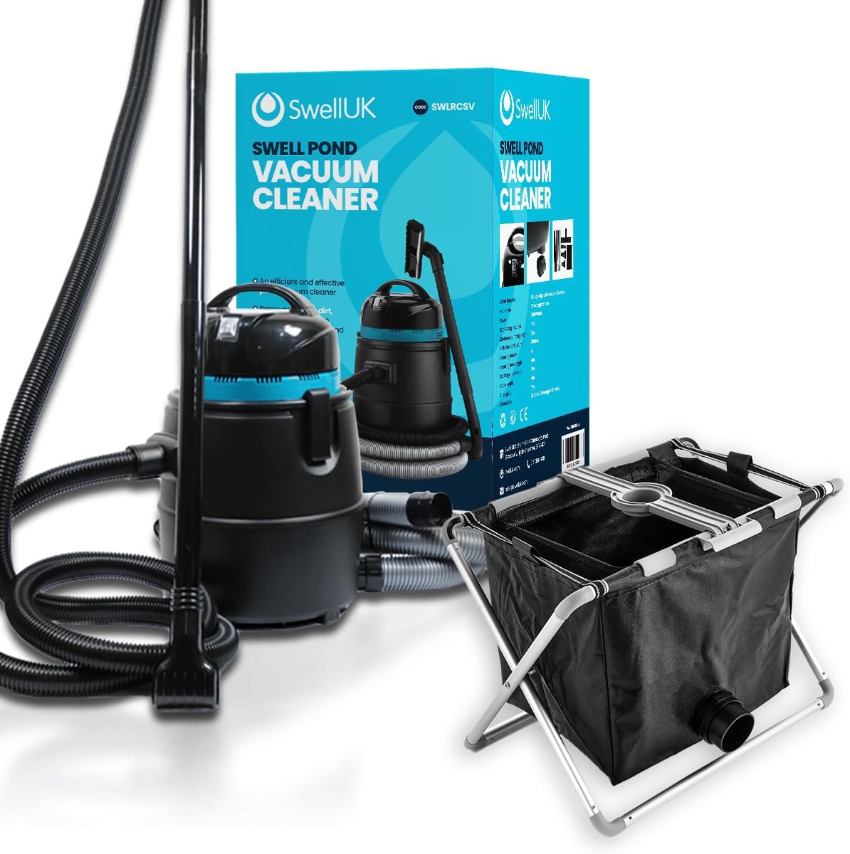 Swell UK 1400W Pond Vacuum Cleaner & Debris Collector | Underwater Sludge & Debris Remover with 25L Tank Volume | Including 2m Discharge Hose & 3x Cleaning Nozzles – 2 Year Guarantee