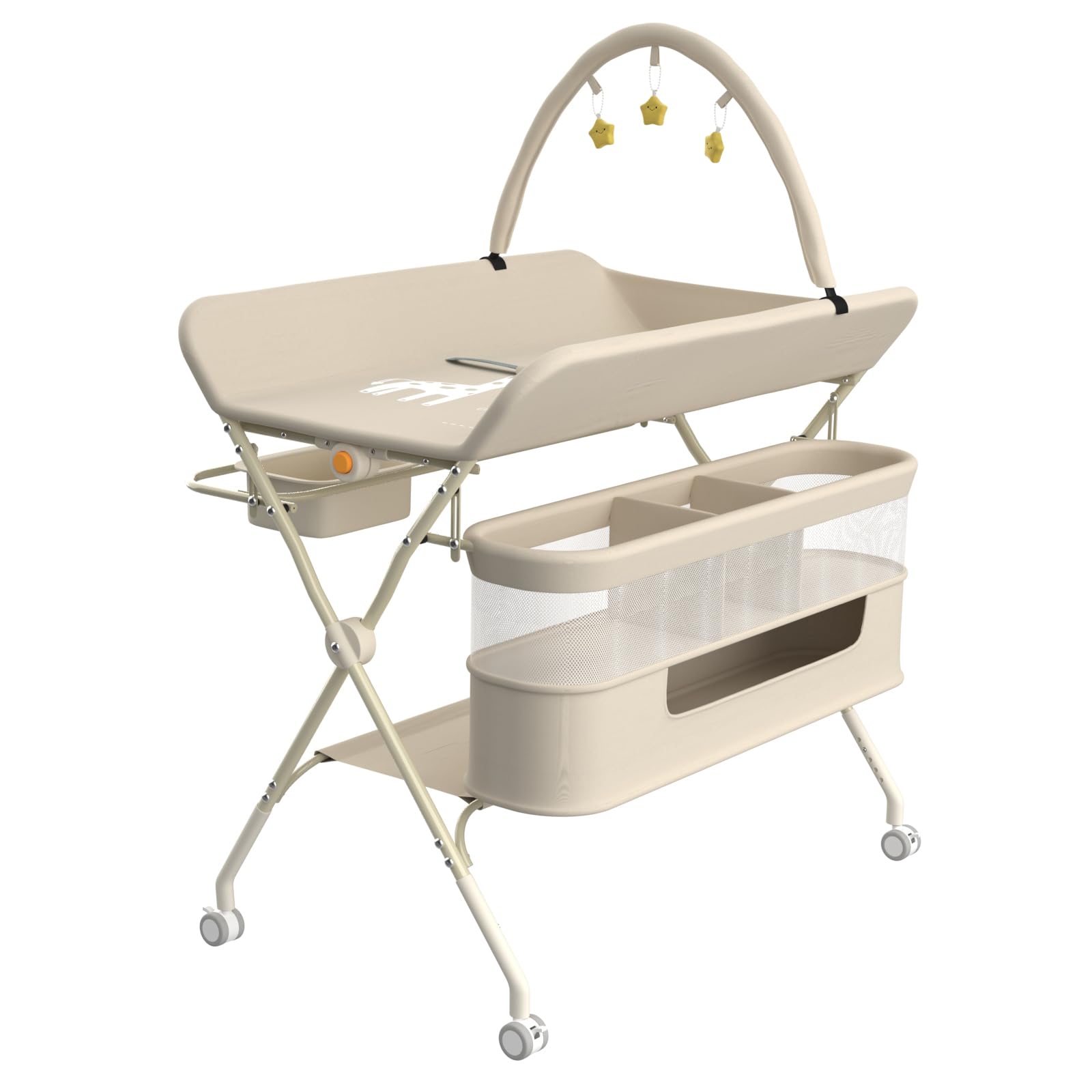 OHMG Table à Langer Pliable, Plan à Langer avec Panier Latéral et roulettes et 3 Jouets,Organiseur de Couches 5 Réglable en Hauteur, Rangement Multifonction pour Chambres d'enfant，75x68x83-91cm