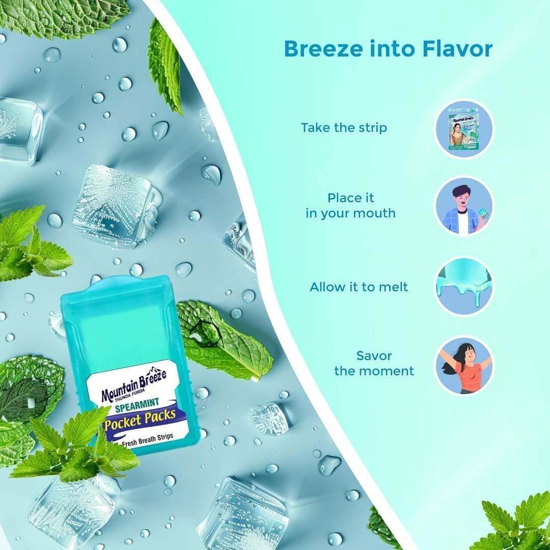Mountain Breeze Oral Hygiene Mouth Freshener Sugar Free Spear Mint Flavoured Breath Strips (24 Strips Each Cassatte)-Pack of 1(3 Cassette) NEW