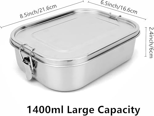 Miniatura 3 de Contenedores de almuerzo de acero inoxidable de 47.3fl oz con tapa, caja bento de metal para adultos, cuchara y tenedor, 1 o 2 compartimentos,