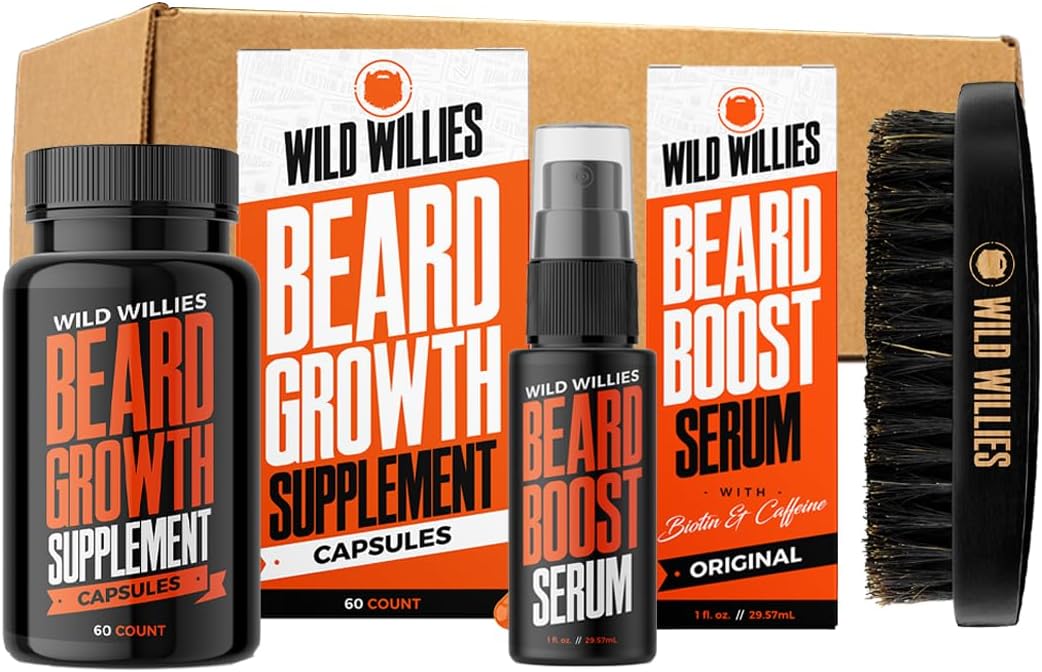 Wild Willies All-in-One Beard Growth Kit - Includes Beard Boost Serum Oil & Growth Supplement, Boar Bristle Brush - Perfect Grooming Kit for Men - Achieve Thicker, Fuller, Healthier Beard