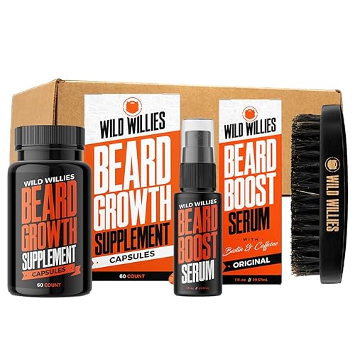 Wild Willies Kit de crecimiento de barba todo en uno, incluye aceite de suero para aumentar la barba y suplemento para el crecimiento, cepillo de
