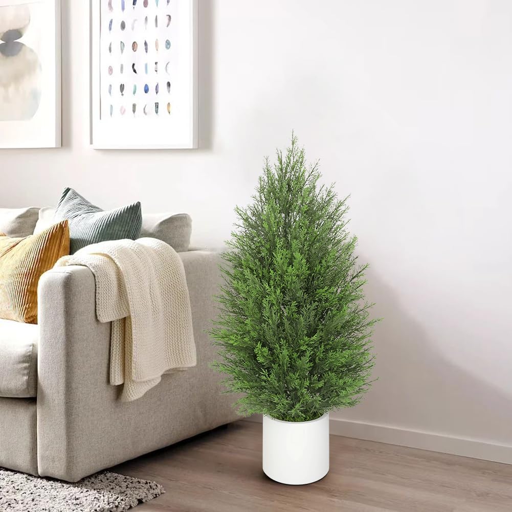 Hollyone 2 Stück Kunstpflanze Zypresse Pflanzen Kunststoff 90cm Künstliche Pflanze im Topf Konifere Künstlich Outdoor Kunstbaum für Haustür Haus Veranda Garten Dekoration