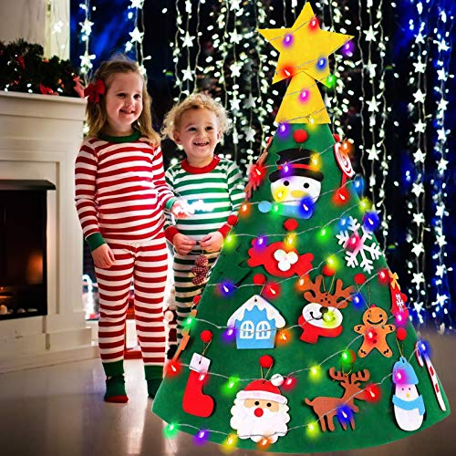 TOPLEE 3D Lighted DIY Felt Tree Toy Set with 20Pcs Cute Hanging Ornaments 17 Ft Color String Light 2 Modes, Kids DIY Indoor Home Decorations Holiday Birthday Gifts for Kids Toddlers Party Favor