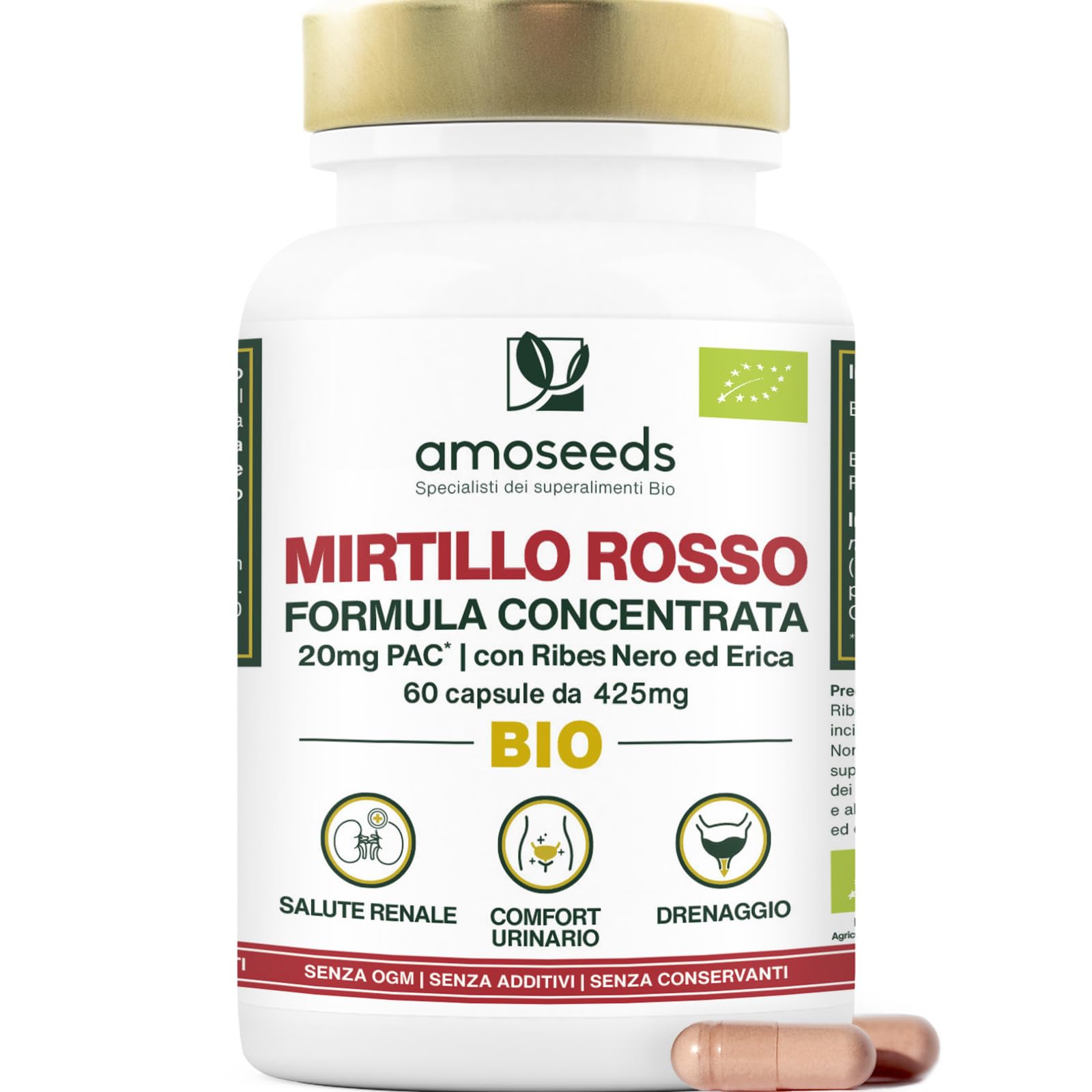 Mirtillo Rosso BIO | 5% PAC, Estratto ad Alta Concentrazione | Comfort Urinario, Reni, Vescica | Formula con Ribes Nero e Erica Bio | 60 capsule | Qualità Superiore
