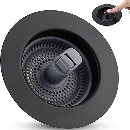 Miniatura 13 de Combo Universal 3 en 1 de Colador y Tapón de Drenaje para Fregadero de Cocina, Carcasa de Acero Inoxidable Negro con Tapón Emergente para Filtro de