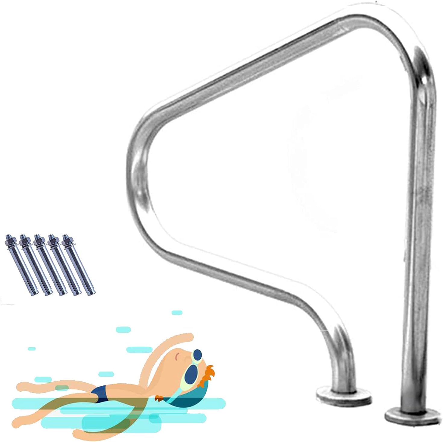 1 PCS Pool Safety Handrails 304 Stainless Steel Pool Stair Rail Easy Mount Hand Grab Rail Suitable for Swimming Pool, Sloped Entry, Spa, Water Park