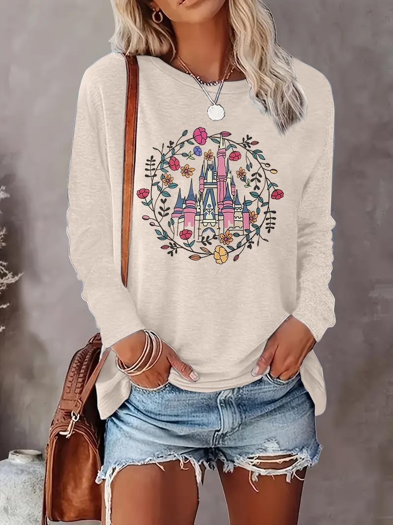 Magical Kingdom Castle Shirts Women Magic Long Sleeve Flower Graphic Holiday Tops - Image 4